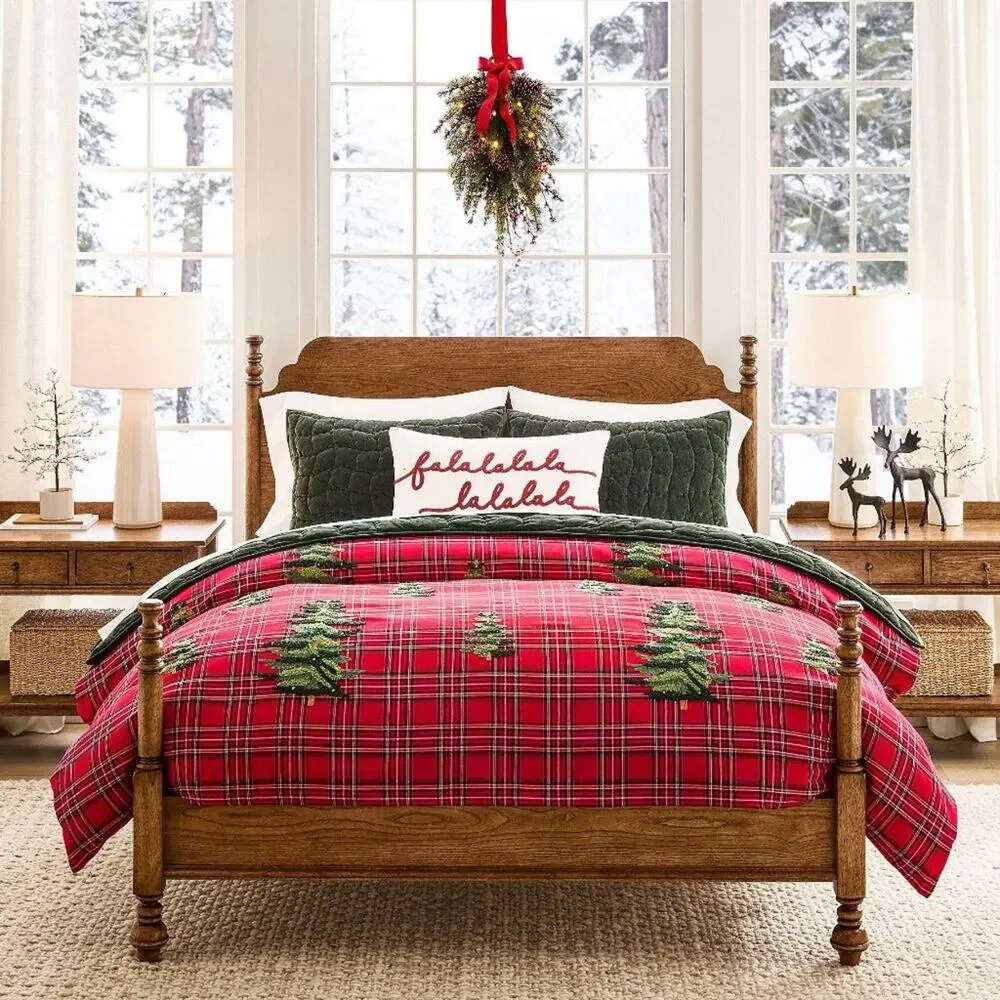 Pottery Barn Elliot KING / CAL Duvet Cover Christmas Tree Embroidered Red Plaid
